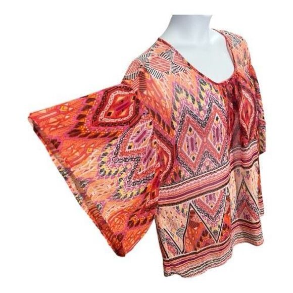 Kim Rogers Women Sheer Peasant Top Blouse Plus Size 2X Orange Multicolor Print - Picture 3 of 11